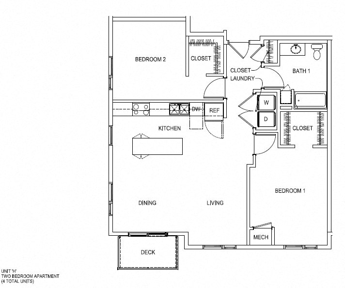 Floor plan for 2 beds, 1 bath, 1058 sqft